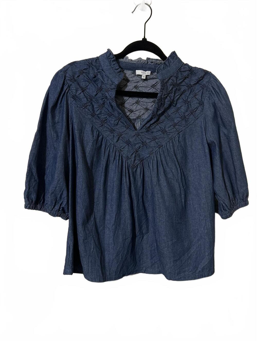 VOY Blue Embroidered V-Neck Blouse Size M Denim